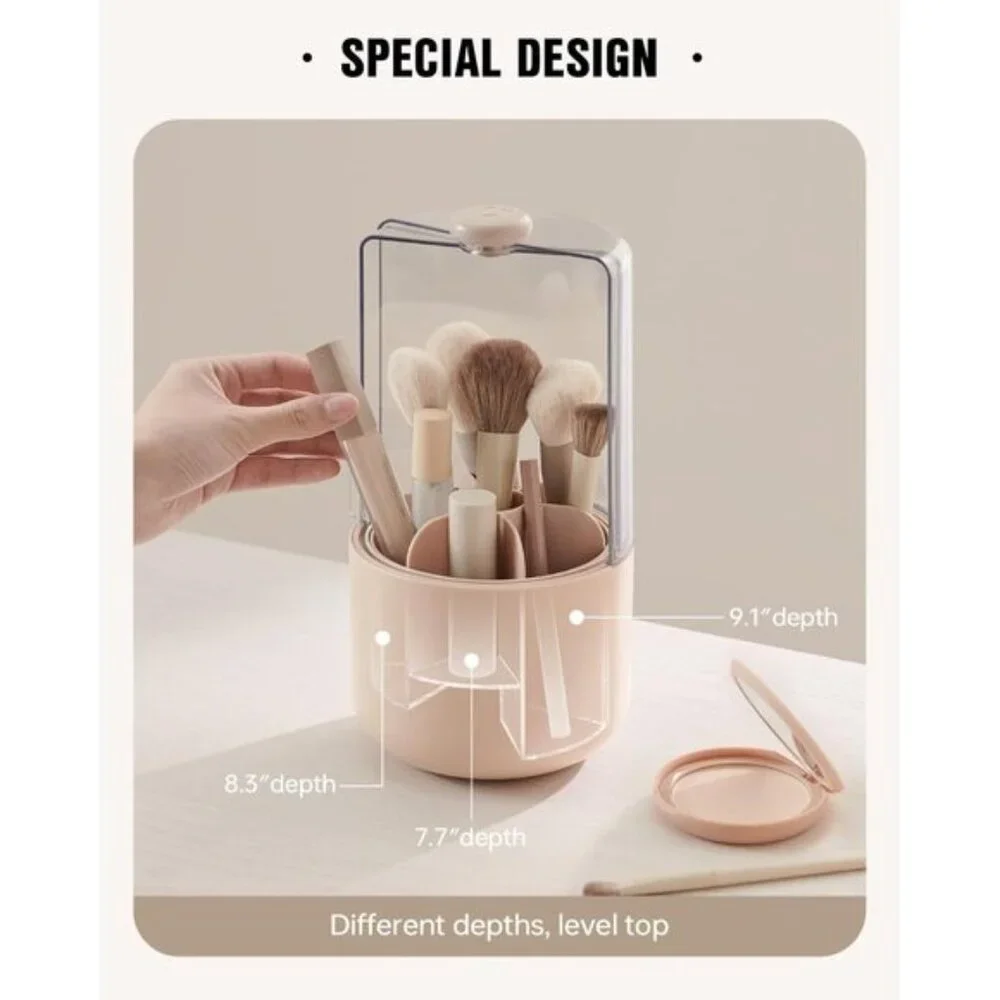 New 360° Rotating Makeup Brush Holder, Dustproof, 7-Compartment Vanity Organizer
